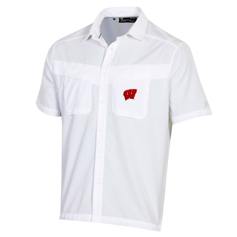 $80 Under Armour Wisconsin Badgers Tide Chaser UV Sun Button shirt men UPF top